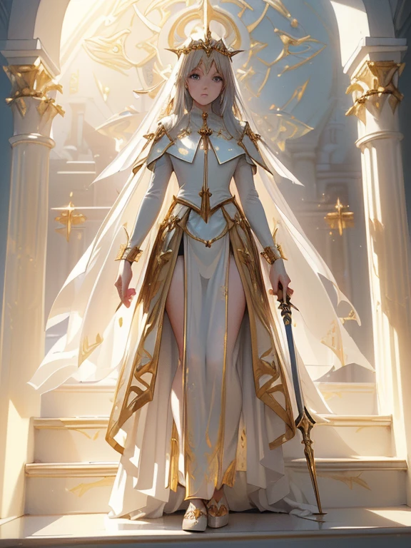 Design a layout showcase Gaming character, (1girl). White+Gold clothes, divine and radiant, ((showcase weapon:1.4)), holy staff, (masterpiece:1.2), (best quality), 4k, ultra-detailed, (Step by step design, layout art:1.5), (heavenly lighting, divine atmosphere), priestess, ((holy gloves)), (((revealing vestments:1.3))), blessed vambraces, golden sandals, (((full_body_shot:1.4)))
