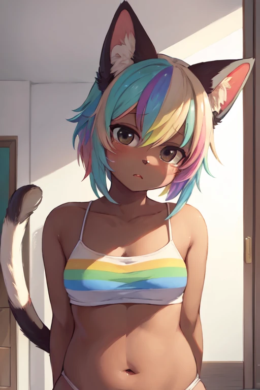 (hi res), ((masterpiece)) , ((best quality)), illustration, furry,
cat, animal ears, tail, brown skin, 1girl, POV, upper body, 1girl, solo, pastel rainbow hair , black eye, looking at viewer, mortified face