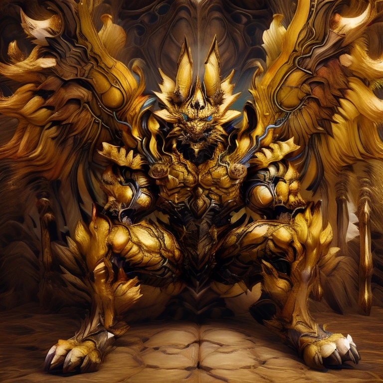 (Pokémon) (Zeraora), (masterpiece, best quality, detailed:1.2), (nj5furry), (medieval armor:1.3) sparkling skin, Vibrant colors, 4K, GOLD armor, Its full plate armor emphasizes the muscles. big muscle (pecs, triceps, traps) unusually developed muscular body, body full of huge muscles. showing off muscles, pectorales enormes. Exaggeratedly huge muscles. Gigachad Muscular, Very muscular, Large pecs, Spread wings, It has wings. have big wings. has 10 large wings. It has large golden wings. The feathers on its wings are detailed and realistic.sitting on the throne,
