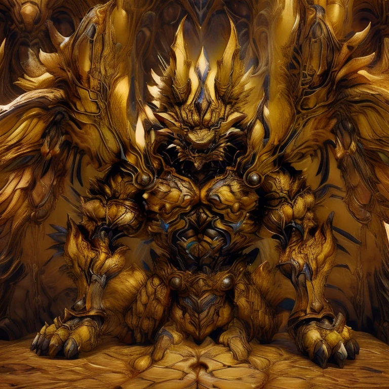 (Pokémon) (Zeraora), (masterpiece, best quality, detailed:1.2), (nj5furry), (medieval armor:1.3) sparkling skin, Vibrant colors, 4K, GOLD armor, Its full plate armor emphasizes the muscles. big muscle (pecs, triceps, traps) unusually developed muscular body, body full of huge muscles. showing off muscles, pectorales enormes. Exaggeratedly huge muscles. Gigachad Muscular, Very muscular, Large pecs, Spread wings, It has wings. have big wings. has 10 large wings. It has large golden wings. The feathers on its wings are detailed and realistic.sitting on the throne,