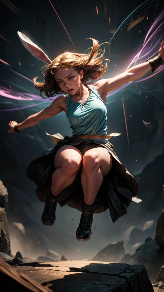 a cute girl jumping with a silly old man, rabbit ears, dynamic action, ethereal lighting, vibrant colors, surreal fantasy, highly detailed, 8k, photorealistic, masterpiece, cinematic, dramatic composition, chiaroscuro lighting, dynamic poses, emotive expressions, whimsical, fairytale, magical, colorful, fantastical, hyperrealistic, hyper-detailed, sharp focus, volumetric lighting, extreme detail, vivid, dynamic, energetic