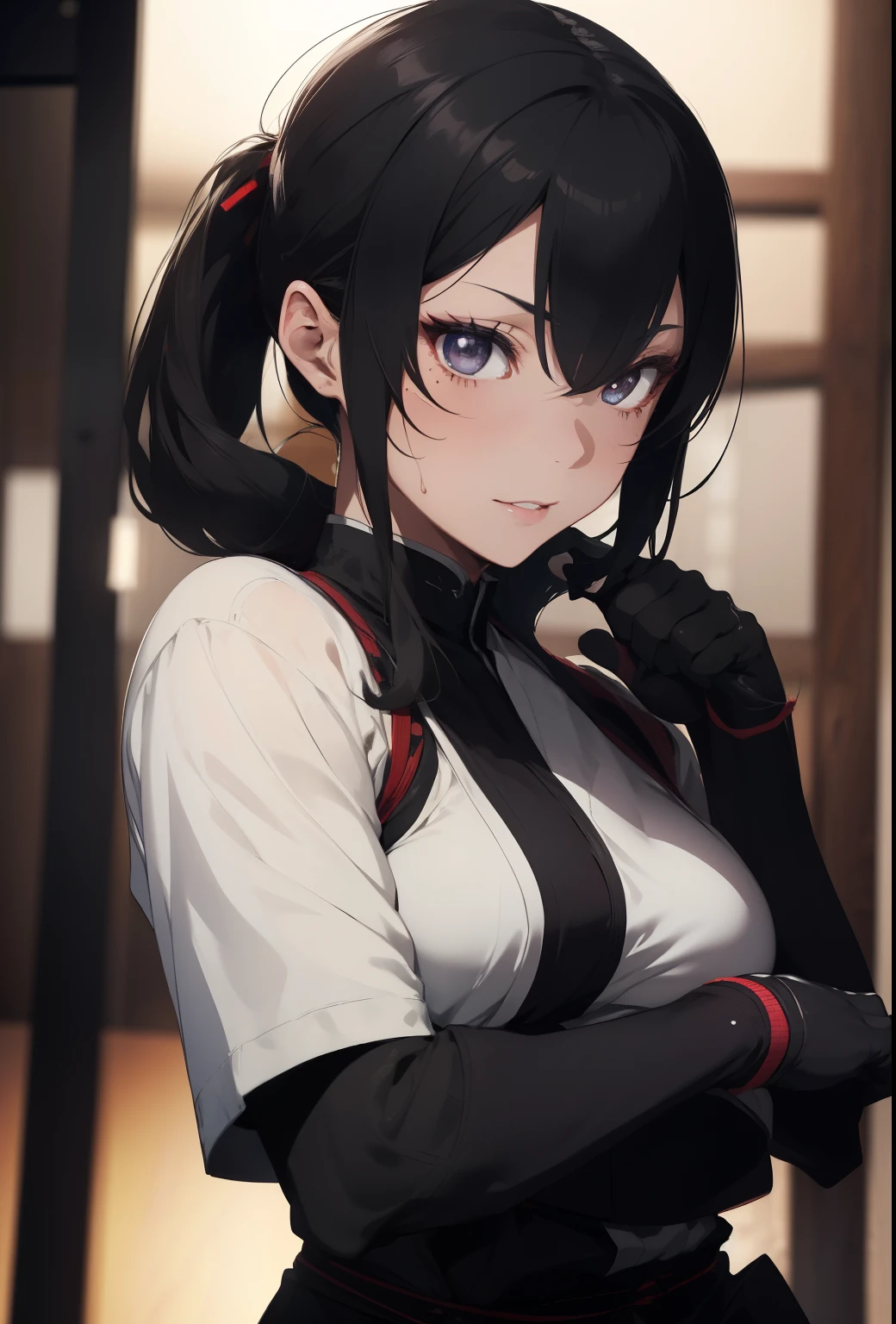 A woman in a black kendo outfit, a martial arts dougi, wearing a black belt, looking sexy and sweating, detailed facial features, beautiful detailed eyes, beautiful detailed lips, extremely detailed face, longeyelashes, photorealistic, 8k, ultra-detailed, realistic, HDR, studio lighting, professional, vivid colors, bokeh, concept art