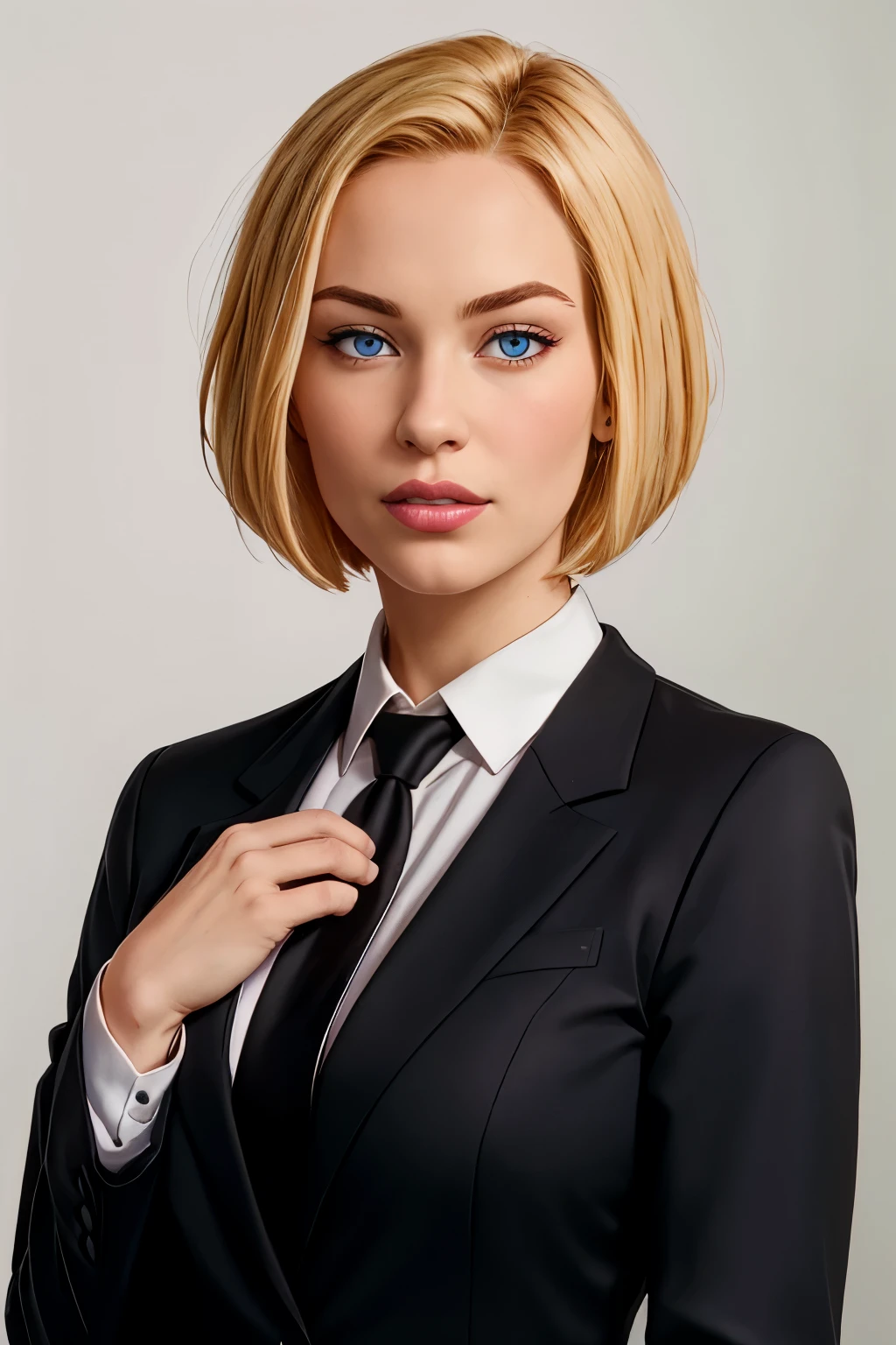 masterpiece, high quality, best quality, realistic, fine detail, (black suit, black necktie, MIBSuit, white shirt), large breasts, (muscular female:0.8), portrait, upper body, blank background, Agent L, blue eyes, blonde hair, short hair