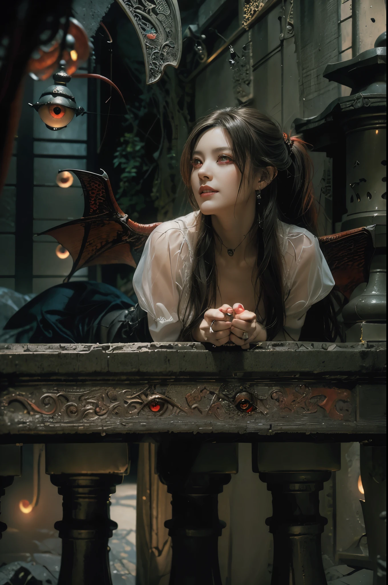 (The best illustrations)、realisitic、ultra-detailliert、The best lighting、Best Shadows、alluring succubus, ethereal beauty, perched on a cloud, (fantasy illustration:1.3), enchanting gaze, captivating pose, delicate wings, otherworldly charm, mystical sky, (Luis Royo:1.2), (Yoshitaka Amano:1.1), Dungeon and Dragon、caves、Dungeon、 A Necromancer、natta、Dark style、Succubus、Devil's Daughter、Bat Wings，(((Demon Hornlack-rimmed round glasses))))、(red eyes glowing:1.6)、​beautiful countenance、Tindall Effect、(High Detail Skins:1.2) absurderes、Ponytail distortion、jewely、Beautiful expression、Toned waist、Wide buttocks、Tindall Effectmasuter piece、top-quality、Highest Standards、Top image quality、masutepiece、intricate detailes、High resolution、Depth Field、natural soft light、profetional lighting、Great smile、(High Detail Skin: 1.2)、photorealistic anime girl render、Strong highlights of the eyes、Perfect Anatomy、crotch open、Shy、Spreading your legs、Panties are visible、Skirt flipping、Body shiny with oilerectile nipple))、8K resolution、intricate clothing、Intricate details