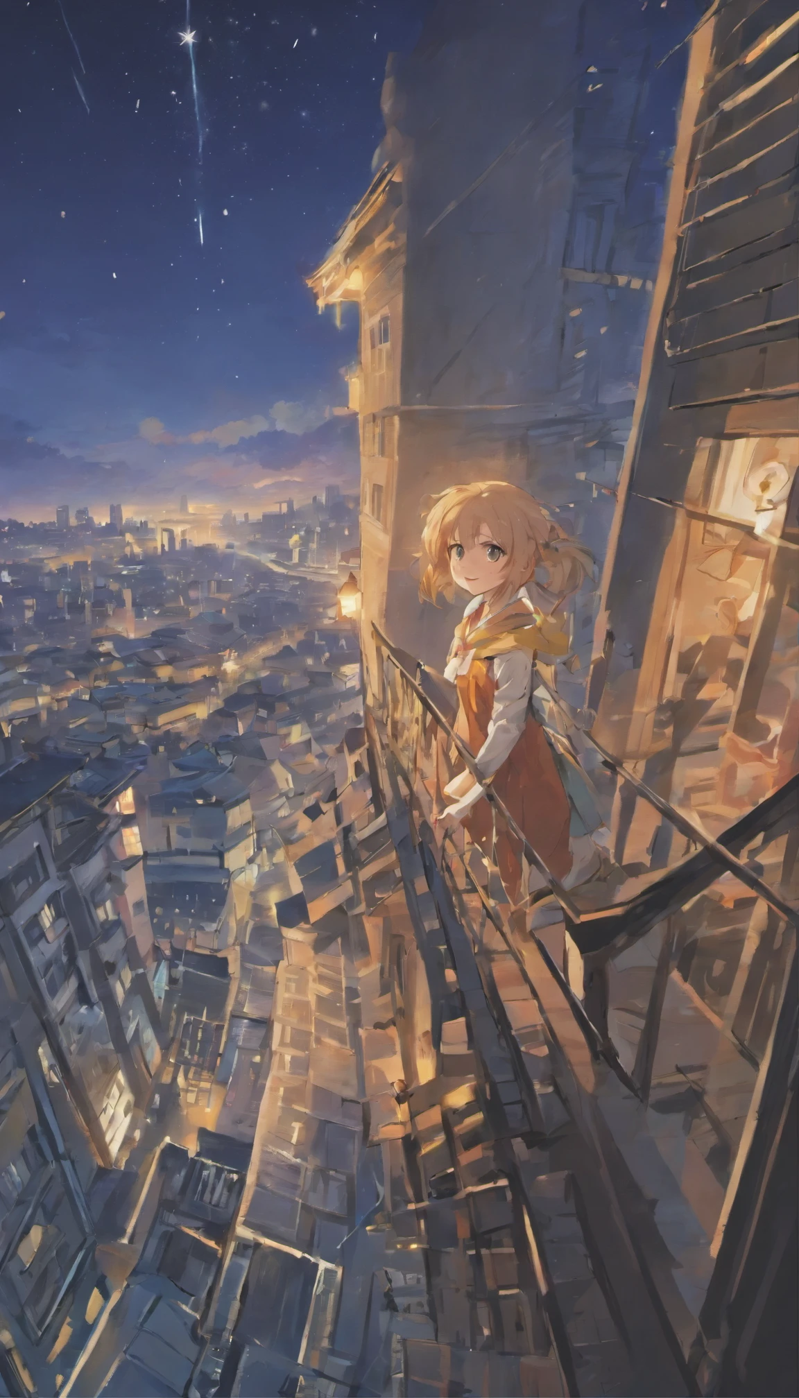 (masterpiece), high quality, 1 Girl, Anime Style, Are standing, rooftop, gaze, Night Sky, star, anime wallpaper 4k, 4k anime wallpaper, Anime Art Wallpapers 8K, anime art wallpaper 4k, anime art wallpaper 4k (Xin Haicheng, Cyril Rolland&#39;s idea), Manga Wallpaper 4K, Awesome Wallpapers, 流れstar. Detailed Description: (Female protagonist of an animated series)teeth、star空の下で輝く表情豊かな長い目で、rooftopに自信を持って立っています。It is her