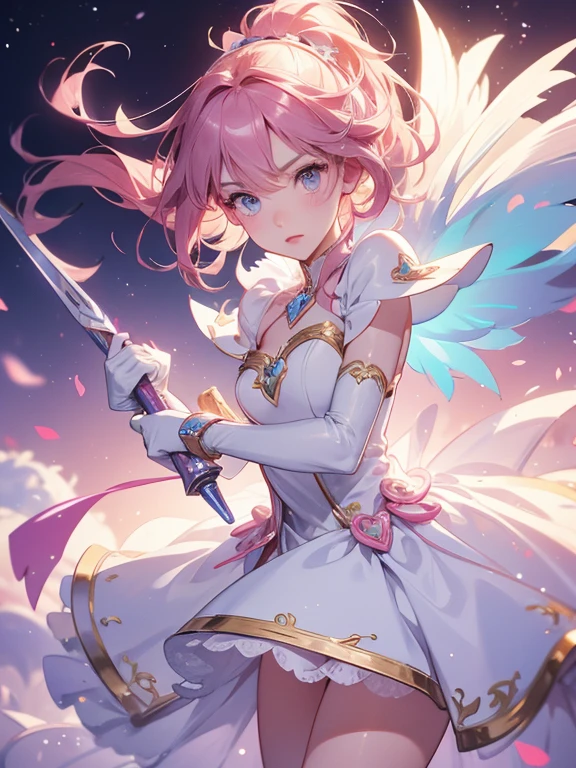 Design a layout showcase Gaming character, (1girl). Pink+White clothes, cute and playful, ((showcase weapon:1.4)), magical wand, (masterpiece:1.2), (best quality), 4k, ultra-detailed, (Step by step design, layout art:1.5), (soft lighting, whimsical atmosphere), magical girl, ((sparkly gloves)), (((revealing dress:1.3))), heart vambraces, ballet shoes, (((full_body_shot:1.4)))
