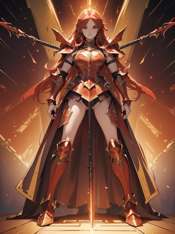 Design a layout showcase Gaming character, (1girl). Red+Gold clothes, regal and powerful, ((showcase weapon:1.4)), battle axe, (masterpiece:1.2), (best quality), 4k, ultra-detailed, (Step by step design, layout art:1.5), (fiery lighting, epic setting), berserker, ((metal gloves)), (((revealing armor:1.3))), chainmail vambraces, armored boots, (((full_body_shot:1.4)))