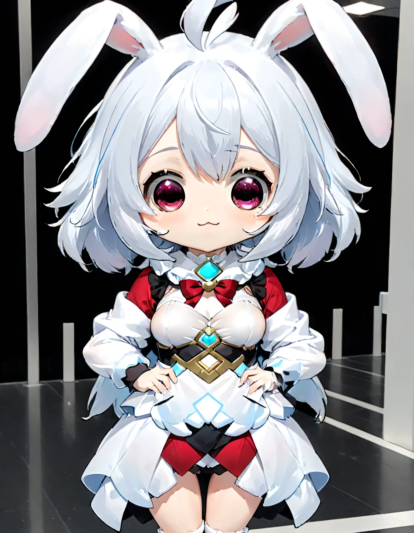 Illustration of a girl wearing a fluffy white costume, rabbit cosplayer, chibi style, taken at Makuhari Messe,