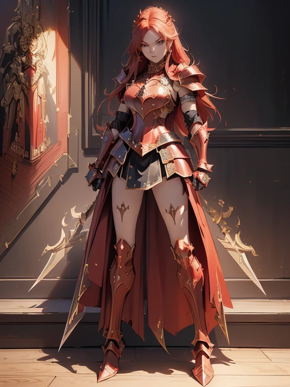 Design a layout showcase Gaming character, (1girl). Red+Gold clothes, regal and powerful, ((showcase weapon:1.4)), battle axe, (masterpiece:1.2), (best quality), 4k, ultra-detailed, (Step by step design, layout art:1.5), (fiery lighting, epic setting), berserker, ((metal gloves)), (((revealing armor:1.3))), chainmail vambraces, armored boots, (((full_body_shot:1.4)))