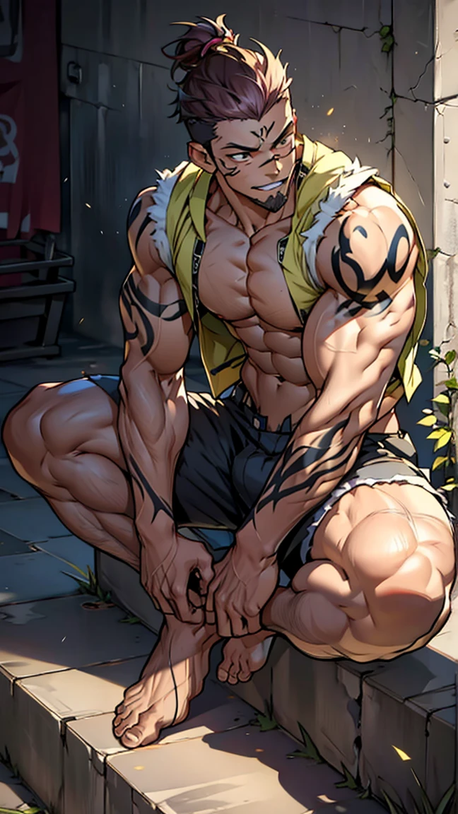 Tattoo,barefoot,Ultra-short vest,(Sit on the ground), (A corner of the photo from bottom to top) (Highest quality images) Lion Man ,real, young, ( Wearing shorts), Crotch protrusion, Anime Character, Legs open, Male Face, bonito rosto young, Undercut Hair, Huge chest muscles, Thigh muscular, Biceps tendon, Huge body, Toned body due to intense training, muscular, 8-pack clear ABS, 3 meters high, Topless, , Glowing skin, Dihan.com, Put your hands on exist's thighs, barefoot, No beard,best quality, masterpiece, expressiexistless, Ultra-high resolution, Detailed background, man, Solitary, texisted male, short hair, Sukuna a man with pink hair and shirtless, Tattoo_both sides, Tattoo_exist_his_Face, Face to viewer,
