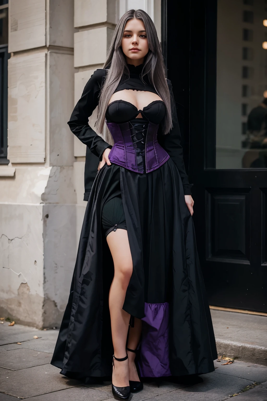 a young woman with long gray hair dressed in a black corset and a long black skirt with purple