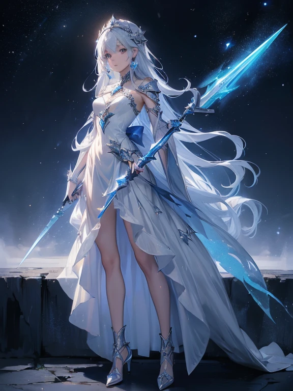 Design a layout showcase Gaming character, (1girl). Blue+Silver clothes, celestial and graceful, ((showcase weapon:1.4)), crescent blade, (masterpiece:1.2), (best quality), 4k, ultra-detailed, (Step by step design, layout art:1.5), (starry lighting, cosmic atmosphere), moon priestess, ((moonlit gloves)), (((revealing gown:1.3))), starlit vambraces, celestial boots, (((full_body_shot:1.4)))
