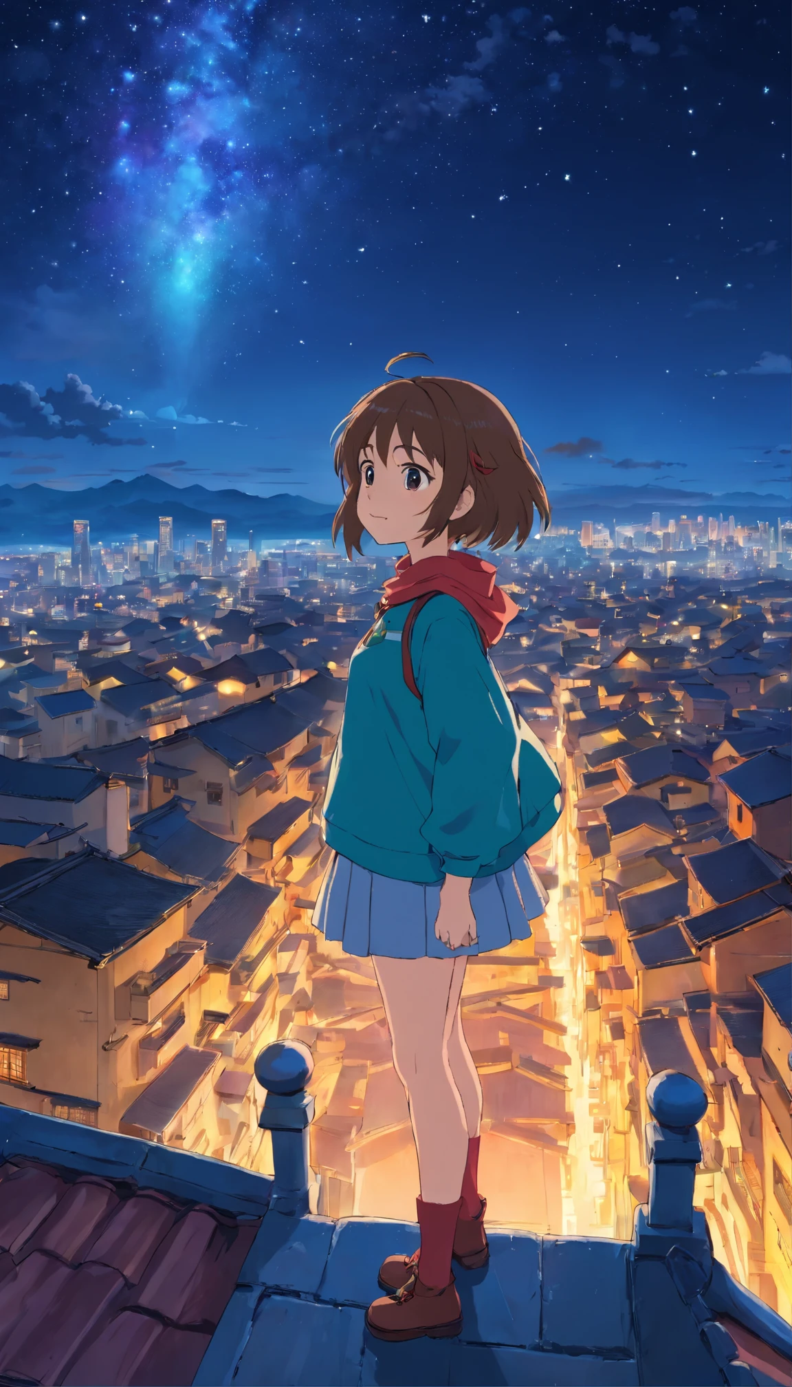 (masterpiece), high quality, 1 Girl, Anime Style, Are standing, rooftop, gaze, Night Sky, star, anime wallpaper 4k, 4k anime wallpaper, Anime Art Wallpapers 8K, anime art wallpaper 4k, anime art wallpaper 4k (Xin Haicheng, Cyril Rolland's idea), Manga Wallpaper 4K, Awesome Wallpapers, 流れstar. Detailed Description: (Female protagonist of an animated series)teeth、star空の下で輝く表情豊かな長い目で、rooftopに自信を持って立っています。It is her