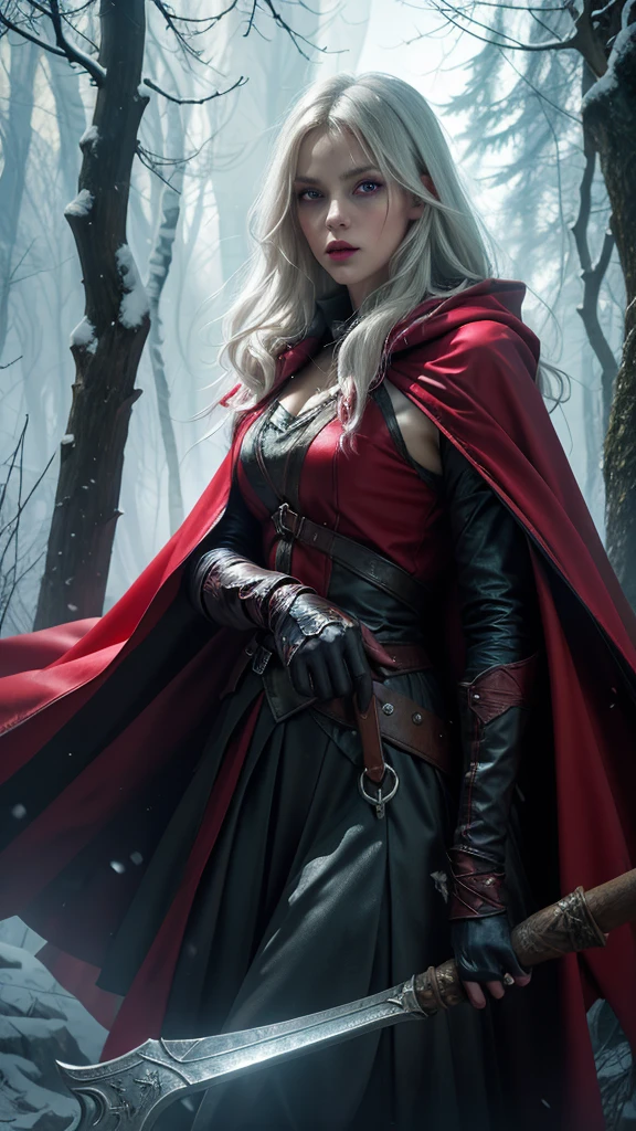 ethereal fantasy concept art of Red Riding Hood,defiant,WWII resistance poster,axe held high,tattered red cloak,gritty textures . magnificent, celestial, ethereal, painterly, epic, majestic, magical, fantasy art, cover art, dreamy(masterpiece, best quality, high resolution, 8K, perfect anatomy), silver hair, red eyes, big eyes, thick lip, Gloss on lips, deep forest covered in snow, winter,