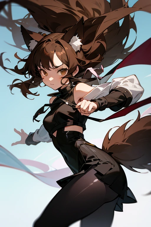 An anime style image with these characteristics:a teenage girl with brown hair with black tips, with ears and tail of a wolf, with many accessories on the neck and has transparent leggings on the legs, she also has a mini skirt and is in a provocative pose