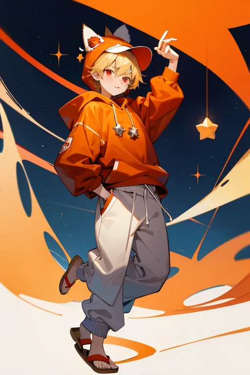 12 year old boy, blond hair, red eyes, full body, foxy hat, foxy hoodie, white sweatpants, star pendant, orange sandals, happygolucky,