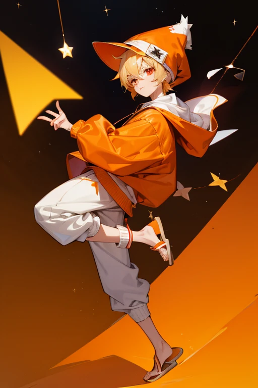 12 year old boy, blond hair, red eyes, full body, foxy hat, foxy hoodie, white sweatpants, star pendant, orange sandals, happygolucky,