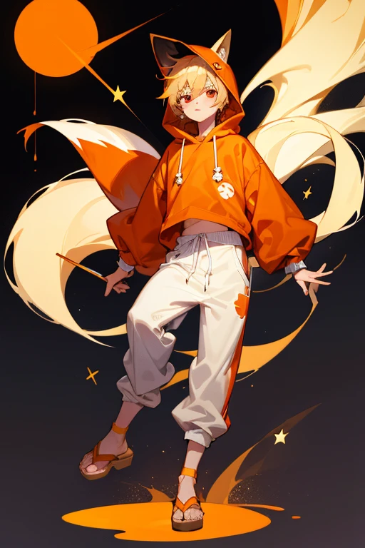 12 year old boy, blond hair, red eyes, full body, foxy hat, foxy hoodie, white sweatpants, star pendant, orange sandals, happygolucky,