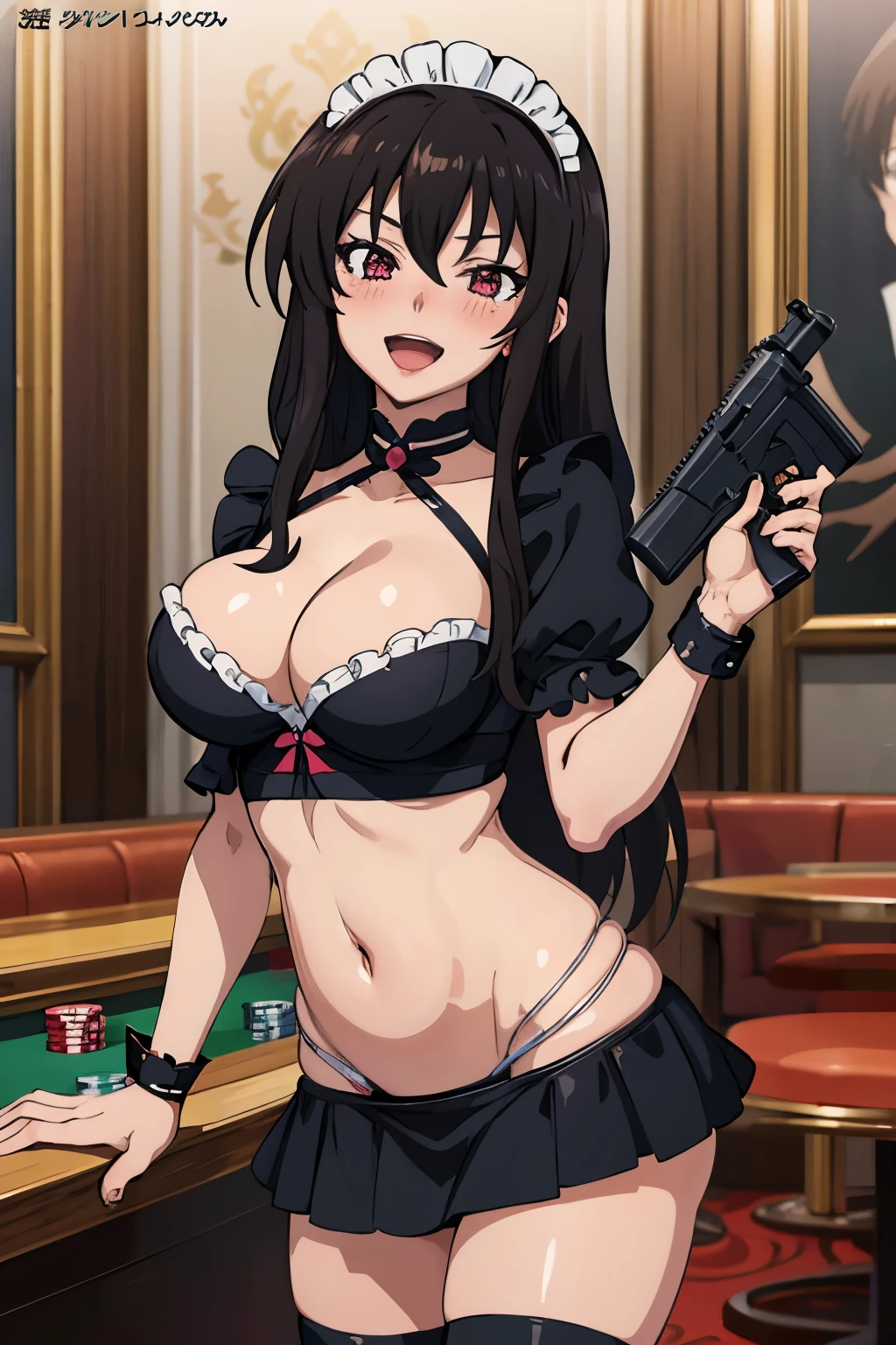 aaraynare, long hair, black hair, standing, evil smile, blush, lipstick, jewelry, earrings, complex detailed background, casino environment, fancy interior environment, rich
interior, masterpiece, best quality, highly detailed, a anime girls in maid uniforms with a gun posing for a
picture, maid outfit, cleavage, evil smile, smile, open mouth ,ecchi anime style, anime girls, ecchi style,
ecchi, digital anime art!!, in anime style, official artwork, (nsfw) not safe for work, beautiful anime maid
girl, anime style 4 k, micro skirt, exposed belly, exposed navel, exposed midriff, exposed lower belly,
holding a gun,