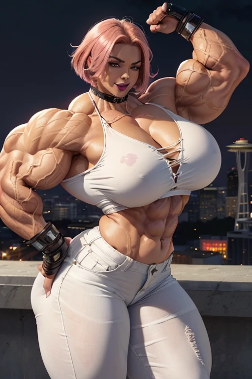 ((((Massive, beautiful, buff, light brown skinned, muscular woman with shocking pink hair, black lipstick, ginormous bulky muscles and wearing a beautiful white unbuttoned blouse with white denim pants)))), (close view), massive muscles, massive biceps, hyper muscle triceps, (angled bob cut), white denim pants, (chain belt), red eyes, (chained gauntlets), high heels boots, (on top of the Seattle space needle), night, smug smile, hyper muscles arms, hyper muscle legs, massive arms.