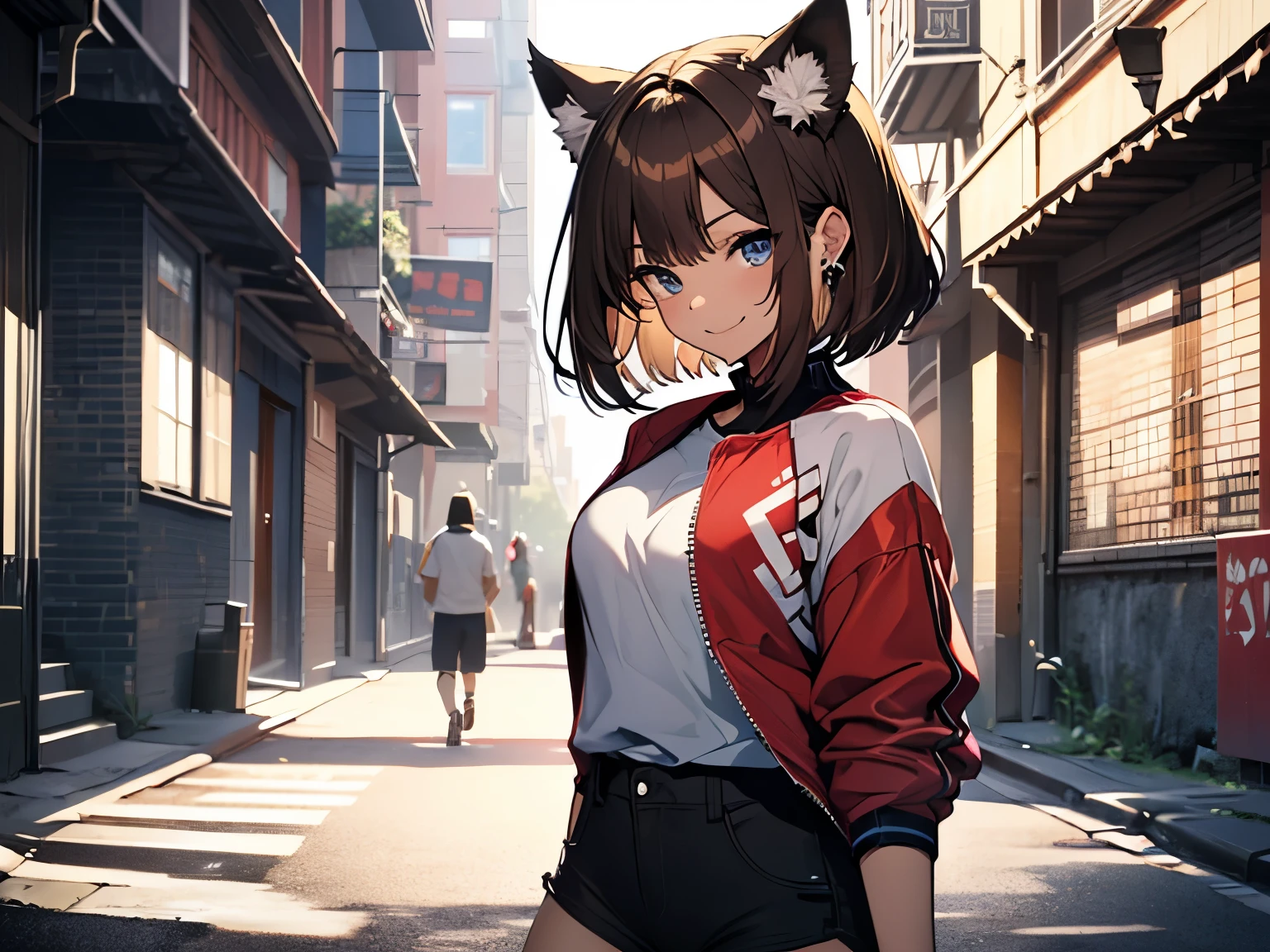 brown hair, hair behind ear, bob cut, heart earrings, smile, pov, ccurate, textured skin, best quality, HD, super detail, Midsummer, Windbreaker, T-shirt, shorts, sneakers, cat ears