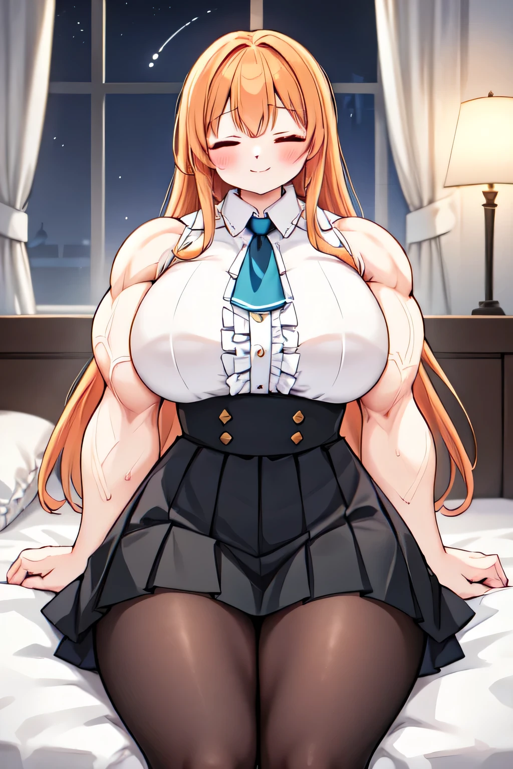 ((best quality)), ((masterpiece)), (detailed), (perfect anatomy), (exquisite clothing);
1girl, solo, bedroom, night time, on knees, on bed;
Perfect face, orange hair, very long hair, fanged bangs, sidelocks, blushing, closed eyes, happy, joyful, smiling, closed mouth;
Tall, mature, (bulky:1.2), deltoids, trapezius, large breasts, thick arms, huge biceps, triceps, covered navel, abs, wide hips, thick thighs, quads, lats, hamstrings;
(white dress shirt, sleeveless, center frills), black ascot, (high-waist, black skirt, pleated), black pantyhose.