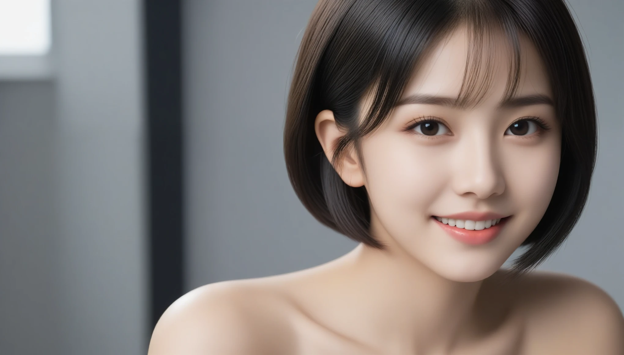 8k, Ultra-high resolution, highest quality, masterpiece, Surreal, photograph, 1 girl, (:1.3), pretty girl, Cute Face, Beautiful eyes in every detail, 細かくdetailedに,masterpiece,, One Girl:1.2, Japan Female Announcer, One beautiful woman,黒いトップスと白いシャツを着た女性がphotographを撮るためにポーズをとっている, ((short hair)), 20-year-old female, Surrealism, Flower smile、Beautiful teeth alignment、Black Hair、Bold Pose,Looking at the audience、beauty,Long neck、Laugh a little、Please close your mouth and laugh、(((Ideal body type))),A cup small breasts :2,、Portraiture:2、Perfect Anatomy、鮮明なdetailed、detailed、Surreal、Light and shadow,Strong light,Fashion magazine cover,Thin lips