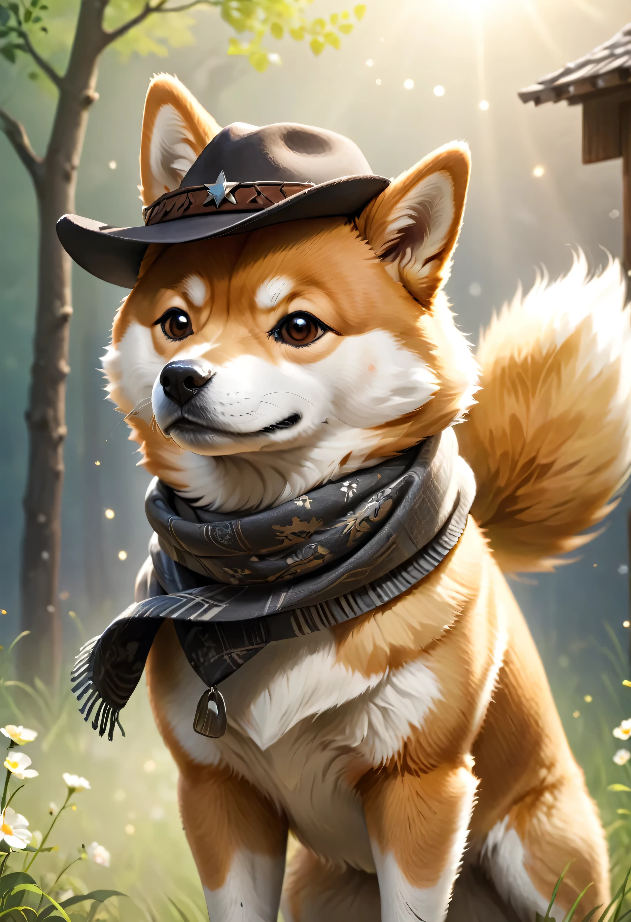 cowboy:((Shiba Inu)),cowboy costume:detailed,cowboy hat,scarf,Gunner,Western Background,Complex details,Beautiful light and shadow,cooked,Animal anthropomorphism,Anthropomorphic Shiba Inu,Cool,Fluffy Shiba Inu,Fluffy texture