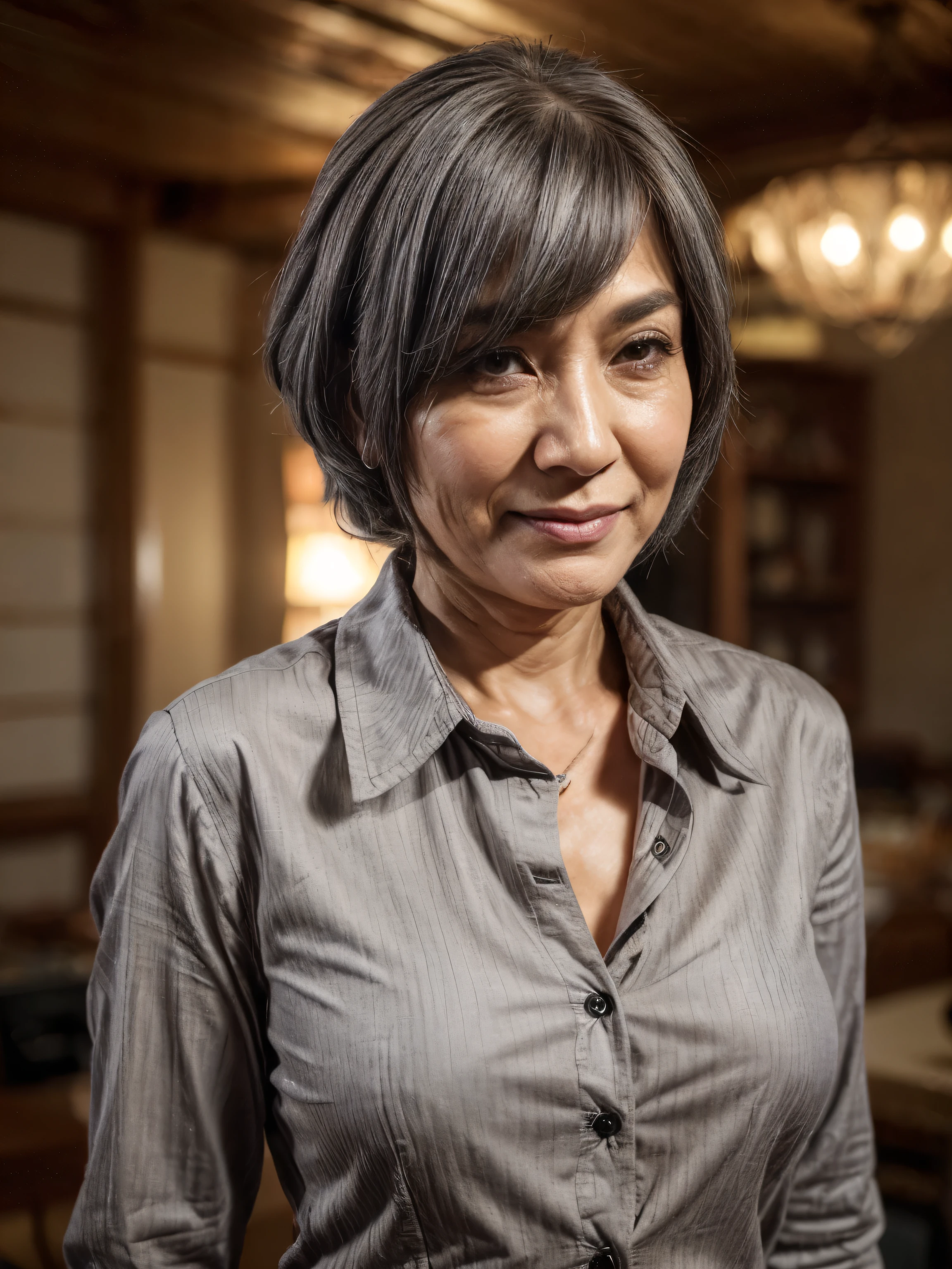 ((highest quality)), ((8K)), ((masterpiece: 1.3)), (Perfect appearance), (Photorealism: 1.6), (Ultra high definition), (Bust-up portrait of a Japanese Mature), (60 years old, Japanese Mature), ((Realistic skin texture)), (Fine lines all over the skin), (Dull skin), (Facial wrinkles), (Wrinkles around the eyes), double eyelid, Tear bags under the eyelids, (Short hair bangs), (Short Hair), BREAK(hair with gray hair: 1.4),BREAK (Both ears are visible), Beige collar shirt, (The second button of the shirt is undone: 1.4), (Her chest is exposed: 1.2),