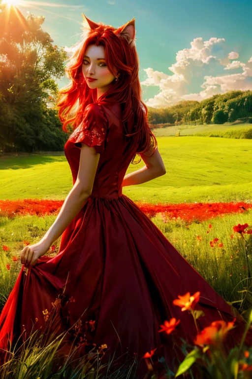 cat head body，Red gorgeous dress，green grassland，Sunlight，Flowers