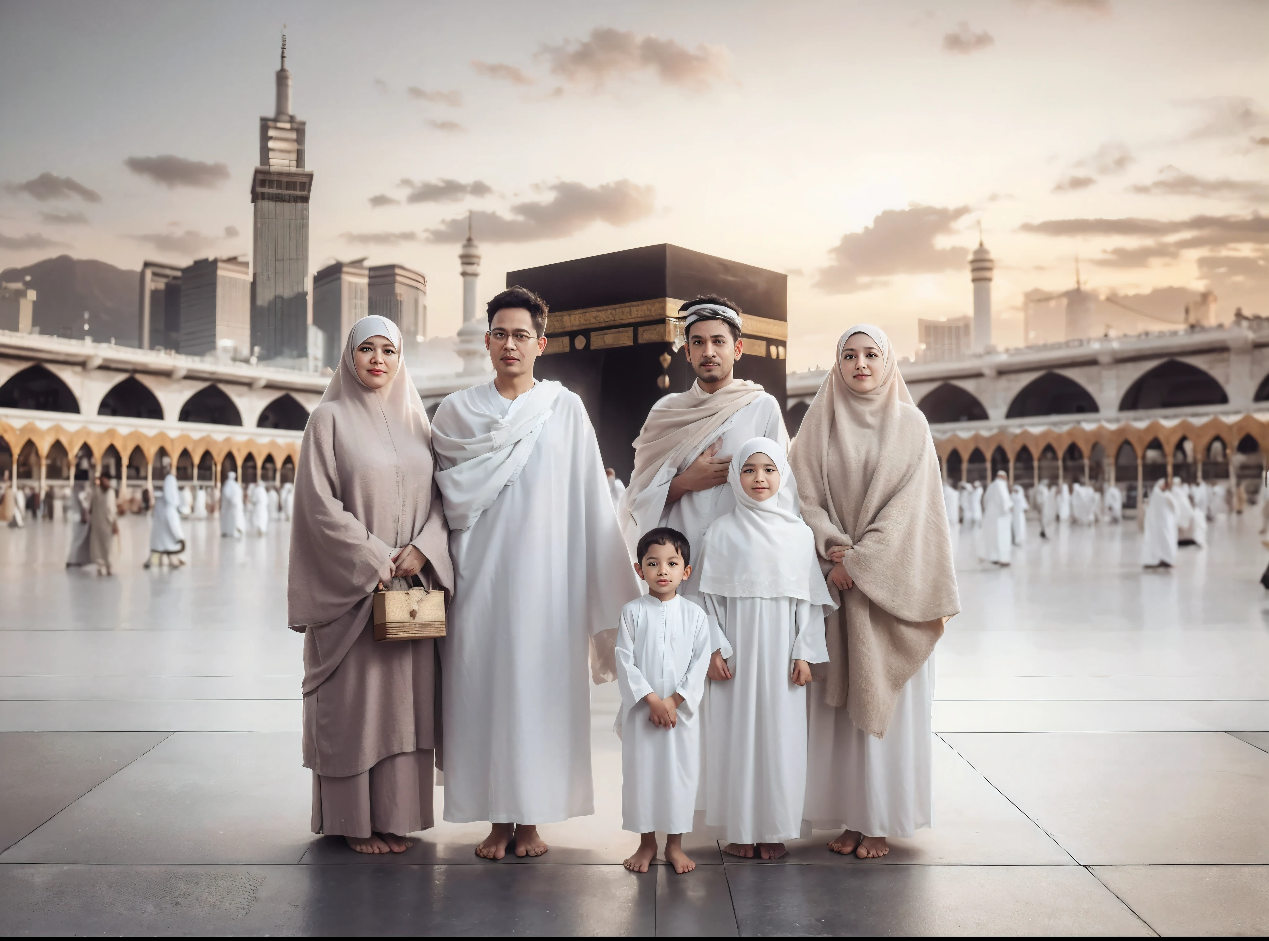 Photo of the entire body of six people. two Muslim men aged 40 and 80 years (clean faces) and two Muslim women from Indonesia "30 years, one 7-year-old daughter and one 3-year-old son, wearing ihram clothes, barefoot, with a faint smile", soft natural lighting, --ar 23:32 --natural style, with the Ka'bah in the distance, ultra-wide shot, the sunset sky looks very amazing, front-facing photo, ultra-realistic, UHD, 16K 