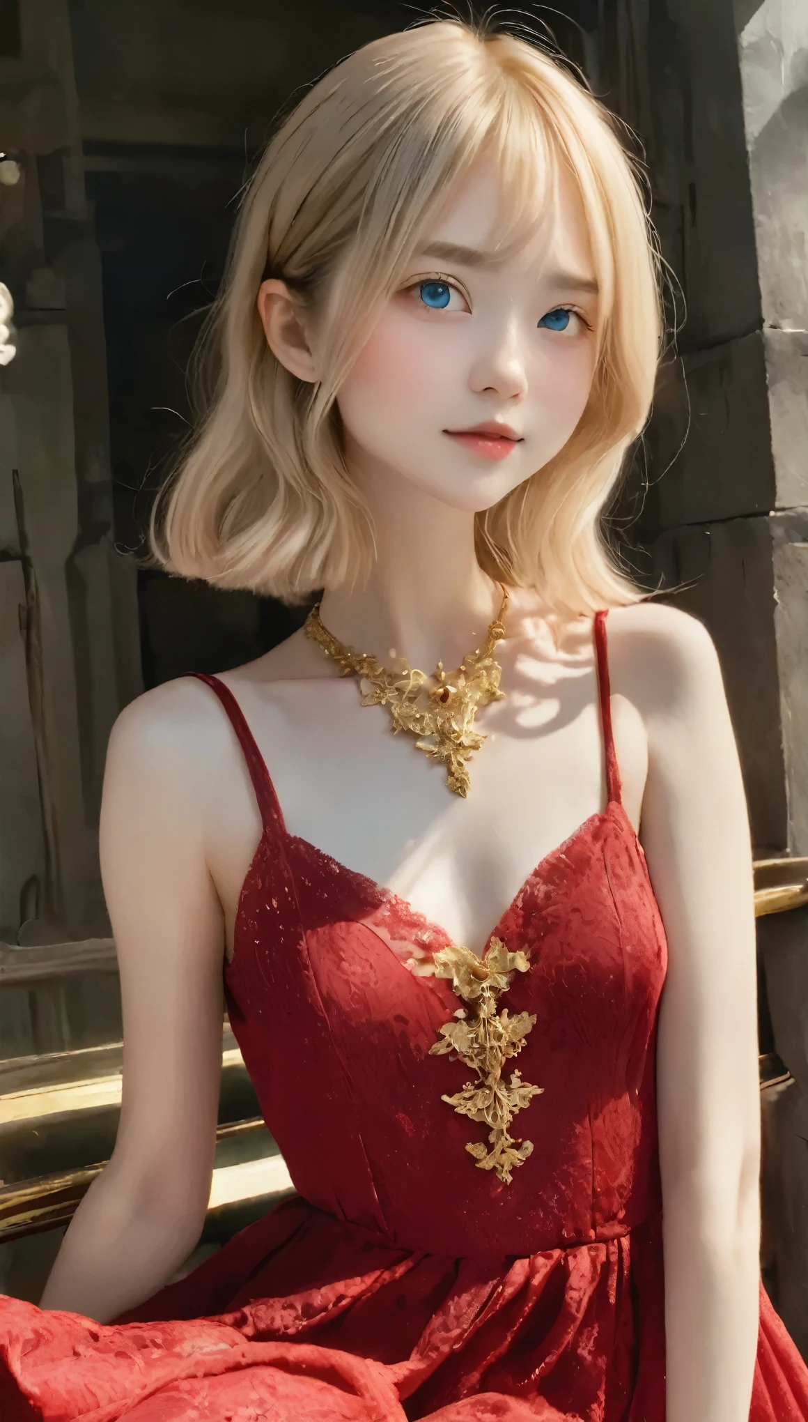 8k, Ultra-high resolution, highest quality, masterpiece, Surreal, photograph, 1 girl, (:1.3), pretty girl, Cute Face, Beautiful eyes in every detail, 細かくdetailedに,masterpiece,A woman in a red dress and gold jewelry is looking to the side,Sexy pose、See through 、Looking at the audience、beauty,Long neck、Laugh a little、Please close your mouth and laugh、(((Ideal body type))),A cup small breasts :2,、Portraiture:2、Perfect Anatomy、鮮明なdetailed、detailed、Surreal、Light and shadow,Strong light,Fashion magazine cover,Thin lips