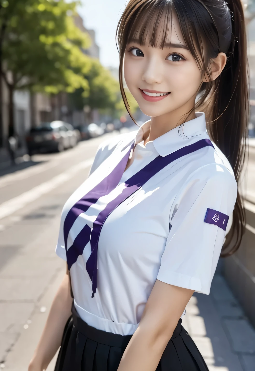 (masterpiece, best quality:1.1), (8k, raw photo, photo realistic:1.2, f22), (shiny skin), detailed skin,ponytail,ribbon,detailed face, detailed eyes,smile,BREAK, real world, intricate details, smil, BREAK, 1girl, full body,(short sleeve,ribbon,purple,stripe),BREAK, (street:1.4)