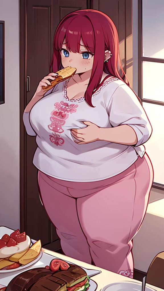 1girl, solo, Lalia from Craving Control, chubby girl, long bright Red hair, piercing Blue eyes, big bosom, eating a buffet, Pink pajama pants, White top, long loose hair, no hair pin