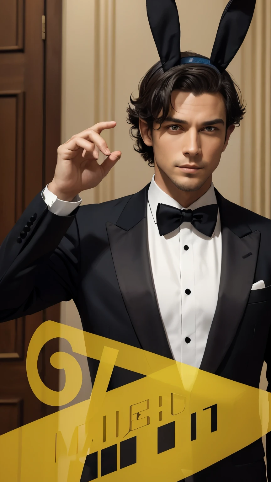 Best quality, masterpiece, a handsome man in a tuxedo who strikes a cool pose, and a headband with rabbit ears on his head