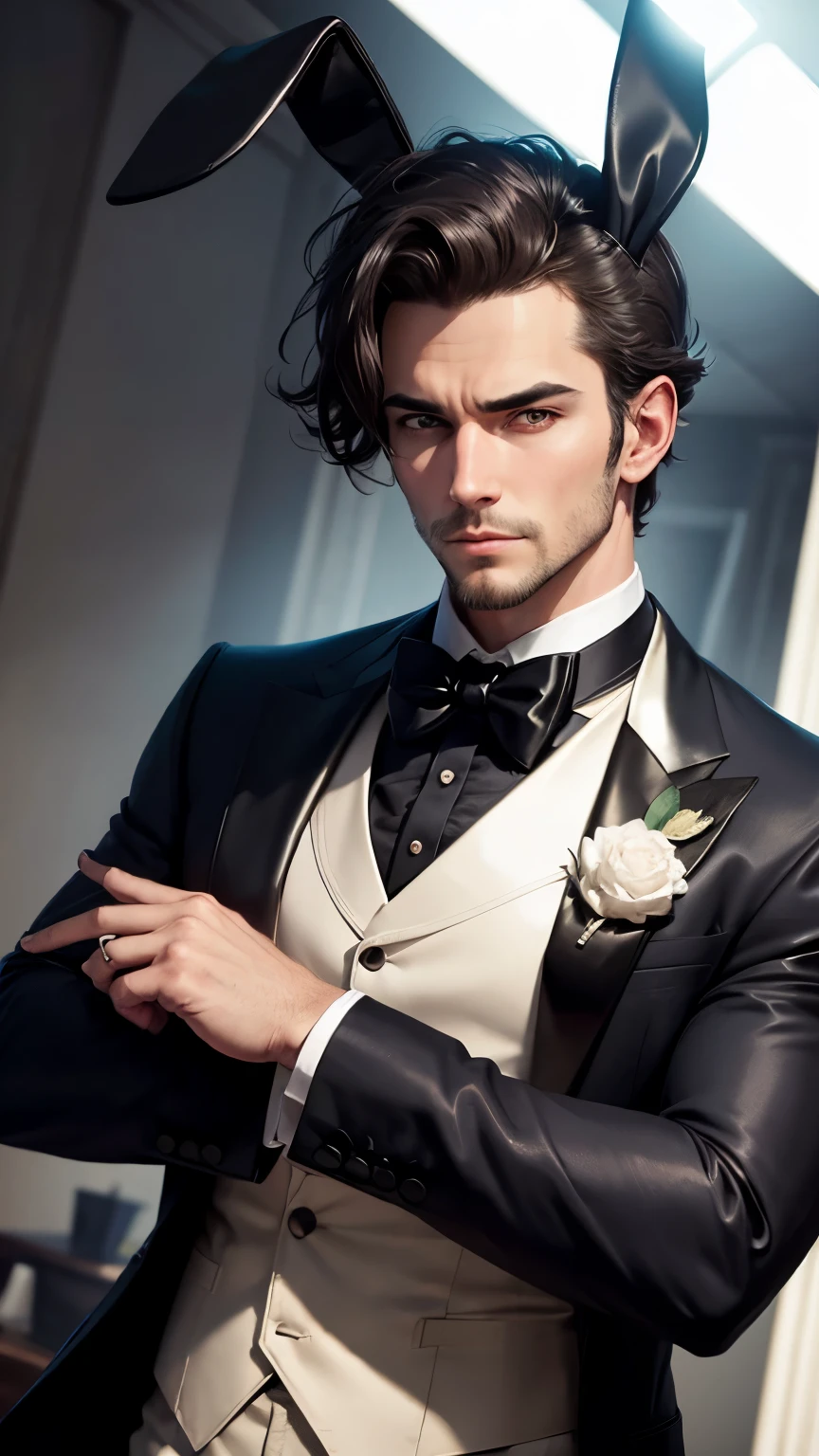 Best quality, masterpiece, a handsome man in a tuxedo who strikes a cool pose, and a headband with rabbit ears on his head