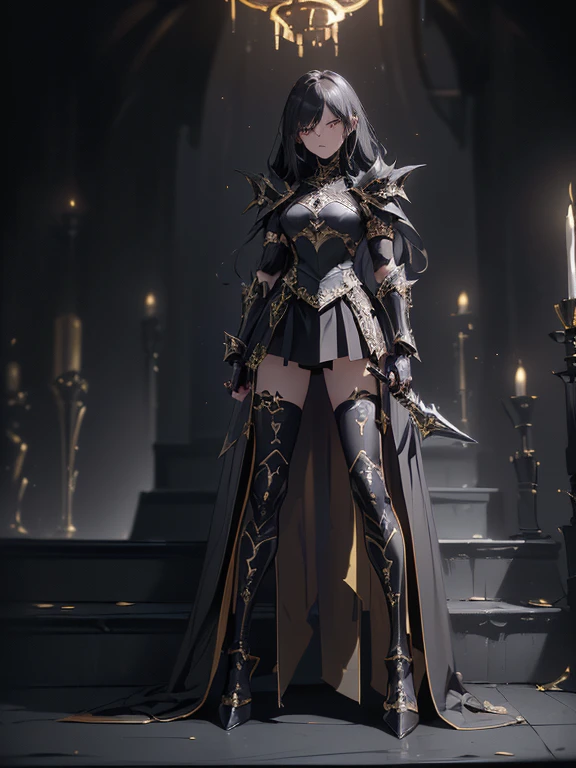 Design a layout showcase Gaming character, (1girl). Black+Gold clothes, opulent and dark, ((showcase weapon:1.4)), cursed blade, (masterpiece:1.2), (best quality), 4k, ultra-detailed, (Step by step design, layout art:1.5), (gloomy lighting, cursed atmosphere), dark knight, ((cursed gloves)), (((revealing armor:1.3))), dark vambraces, cursed boots, (((full_body_shot:1.4)))