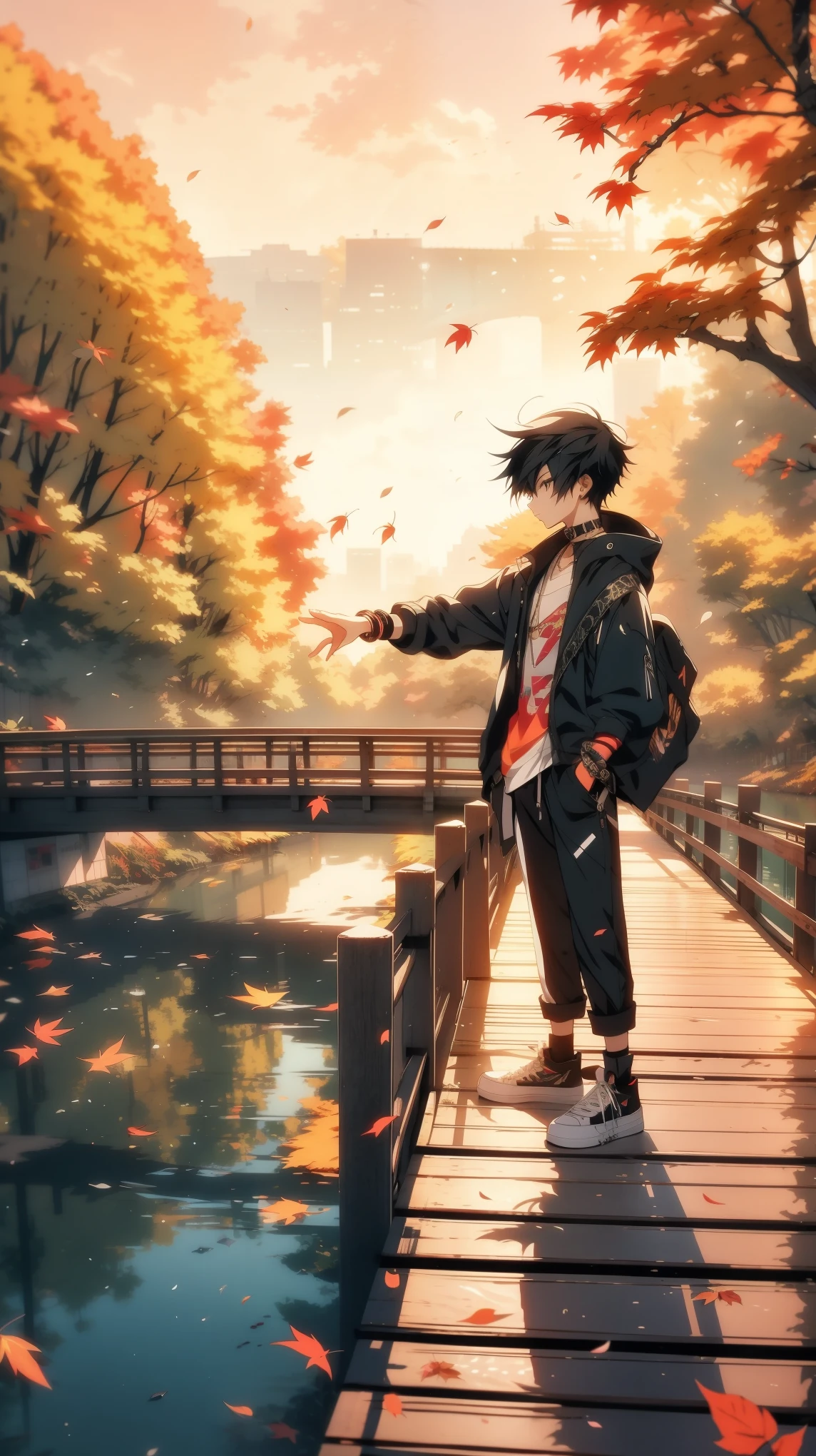 thin outlines, anime style, cool and edgy, fashionable, posing, colorful, confident, expression, accessory, coiled, around, stylish, striking, modern, fashion, A young adolescent standing on a wooden bridge, throwing pieces of bread into a calm river, autumn leaves scattered around, gentle sunlight filtering through the trees, cinematic view, soft focus, serene atmosphere.