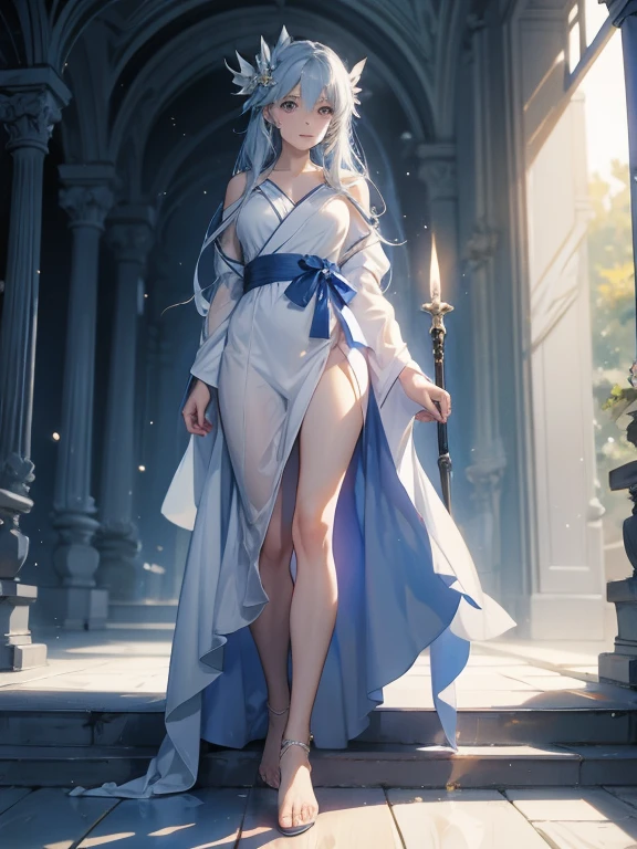 Design a layout showcase Gaming character, (1girl). White+Blue clothes, serene and calming, ((showcase weapon:1.4)), healing staff, (masterpiece:1.2), (best quality), 4k, ultra-detailed, (Step by step design, layout art:1.5), (tranquil lighting, peaceful atmosphere), healer, ((soft gloves)), (((revealing robes:1.3))), healing vambraces, soft sandals, (((full_body_shot:1.4)))