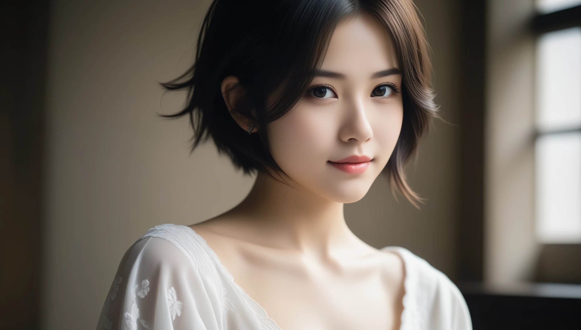 8k, Ultra-high resolution, highest quality, masterpiece, Surreal, photograph, 1 girl, (16 years old:1.3), pretty girl, Cute Face, Beautiful eyes in every detail, 細かくdetailedに,masterpiece,, One Girl:1.2, Japan Female Announcer, One beautiful woman,octopath traveler,黒いトップスと白いシャツを着た女性がphotographを撮るためにポーズをとっている,  ((short hair)), 20-year-old female, Surrealism, Flower smile、Beautiful teeth alignment、Black Hair,Bold Pose,Looking at the audience、beauty,Long neck、Laugh a little、Please close your mouth and laugh、(((Ideal body type))),A cup small breasts :2,、Portraiture:2、Perfect Anatomy、鮮明なdetailed、detailed、Surreal、Light and shadow,Strong light,Fashion magazine cover,Thin lips