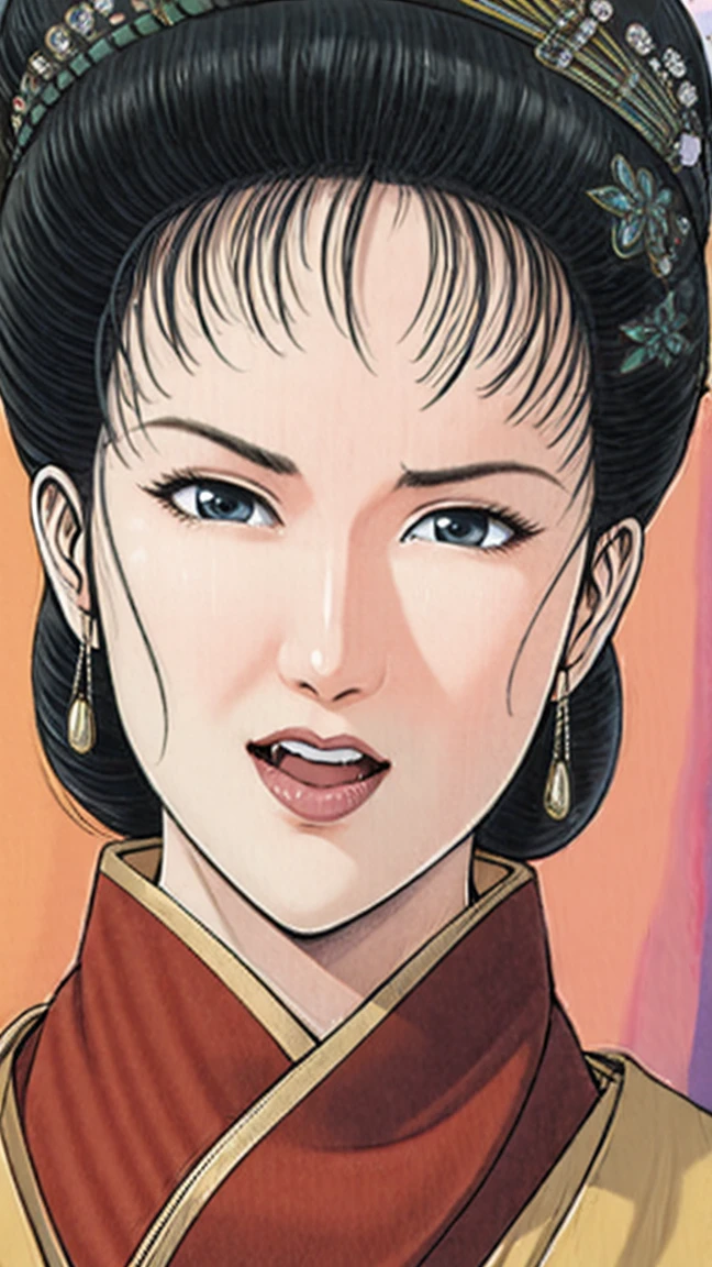 (best quality), (very aesthetic), (ultra-detailed), (best illustration),(a mature female),(NSFW),(perfect face),Suikoden,Mrs. Lin,((full_body)),((full_nude)),red cheek,sweating,skinny,flushed skin,hairly pussy,((Ahegao)),chinese traditional bed room,doing sex,An erect penis is pressed against her mouth