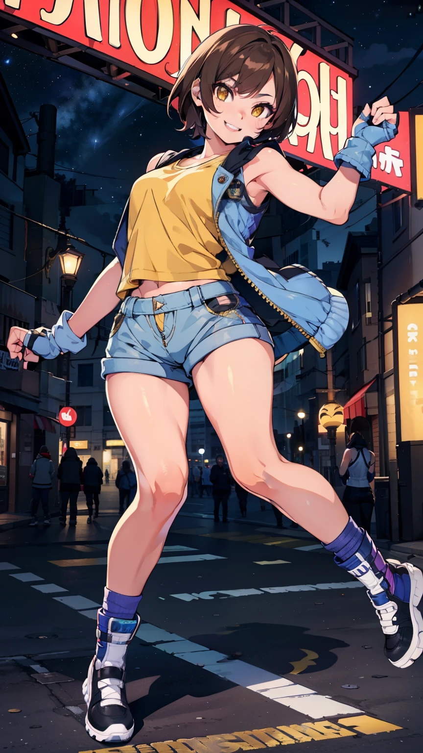 street dancer,  short hair, brown hair, yellow glowing eyes, perfect lips,big smile , confident smile,cute expression, cute face, cute pose, fingerless gloves, gun, tank top, jacket, cute pose, ultra detailed face, long eyelashes, sharp eyes , Fullbody shot, dinamic viewer, night sky 