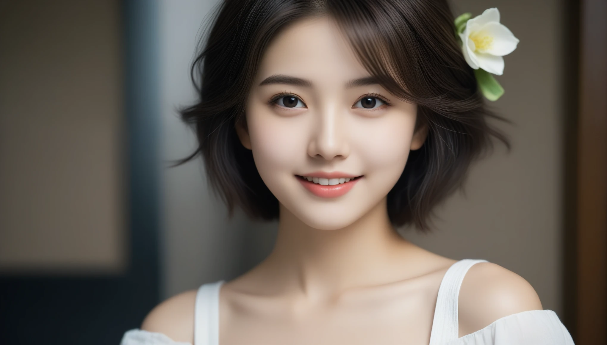 8k, Ultra-high resolution, highest quality, masterpiece, Surreal, photograph, 1 girl, (16 years old:1.3), pretty girl, Cute Face, Beautiful eyes in every detail, 細かくdetailedに,masterpiece,, One Girl:1.2, Japan Female Announcer, One beautiful woman,octopath traveler,黒いトップスと白いシャツを着た女性がphotographを撮るためにポーズをとっている,  ((short hair)), 20-year-old female, Surrealism, Flower smile、Beautiful teeth alignment、Black Hair,Bold Pose,Looking at the audience、beauty,Long neck、Laugh a little、Please close your mouth and laugh、(((Ideal body type))),A cup small breasts :2,、Portraiture:2、Perfect Anatomy、鮮明なdetailed、detailed、Surreal、Light and shadow,Strong light,Fashion magazine cover,Thin lips