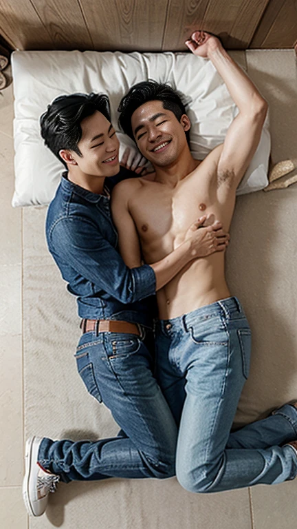 Three korean men sleeping together, they are wearing blue jeans and shoes, topless, smiling, they are on the floor, they are hugging each other