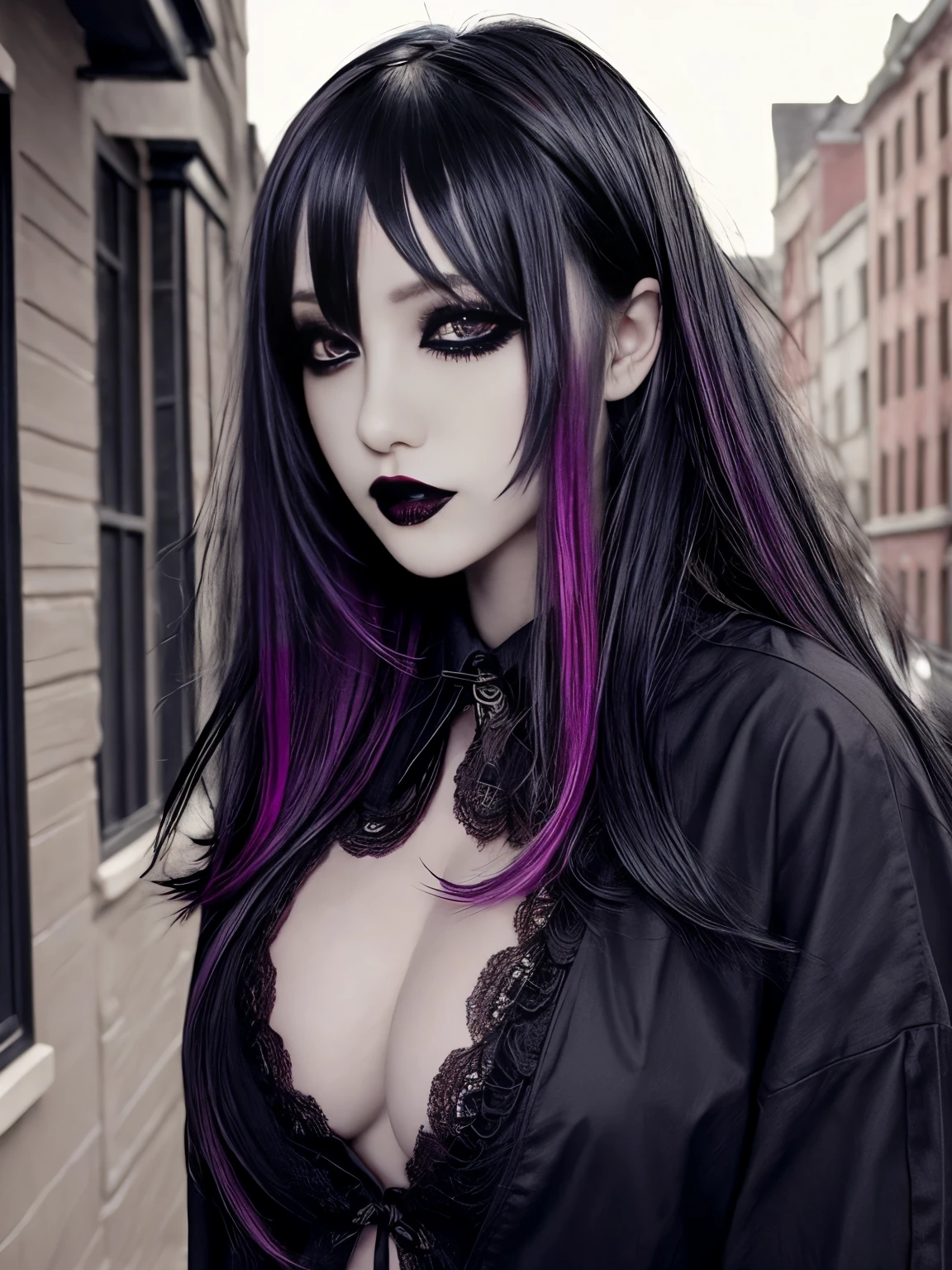 1girl, solo, emo, emo makeup , emo hair, black lips , long hair, eyeshadow, eyeliner, mascara, colored hair , black eyes, dark eyes , shirt, outdoors , highly detailed portrait , large breasts, full body