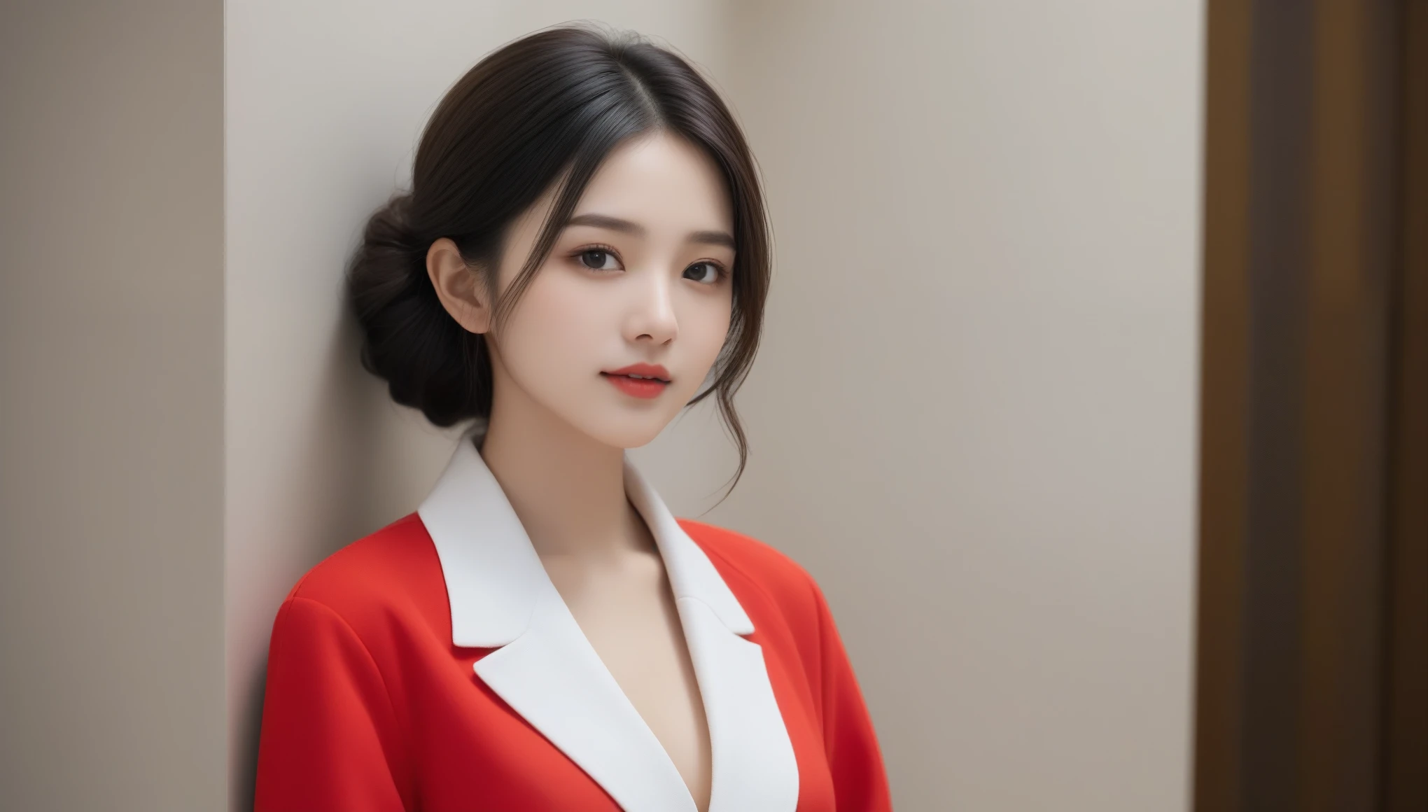 8k, Ultra-high resolution, highest quality, masterpiece, Surreal, photograph, 1 girl, (16 years old:1.3), pretty girl, Cute Face, Beautiful eyes in every detail, 細かくdetailedに,masterpiece,, One Girl:1.2, Japan Female Announcer, One beautiful woman, 謎めいたbeauty, A stunning face, Beautiful expression, (A vivid face), Beautiful Hairstyles, Black Hair, Realistic eyes, Beautiful details, (Realistic Skin), Beautiful skins, Get off the elevator. (red long wool coat), (White Dress ), (Red High Heels),  background: (The elevator hall has walls made of flesh-colored marble.,Bold Pose,Looking at the audience、beauty,Long neck、Laugh a little、Please close your mouth and laugh、(((Ideal body type))),A cup small breasts :2,、Portraiture:2、Perfect Anatomy、鮮明なdetailed、detailed、Surreal、Light and shadow,Strong light,Fashion magazine cover,Thin lips