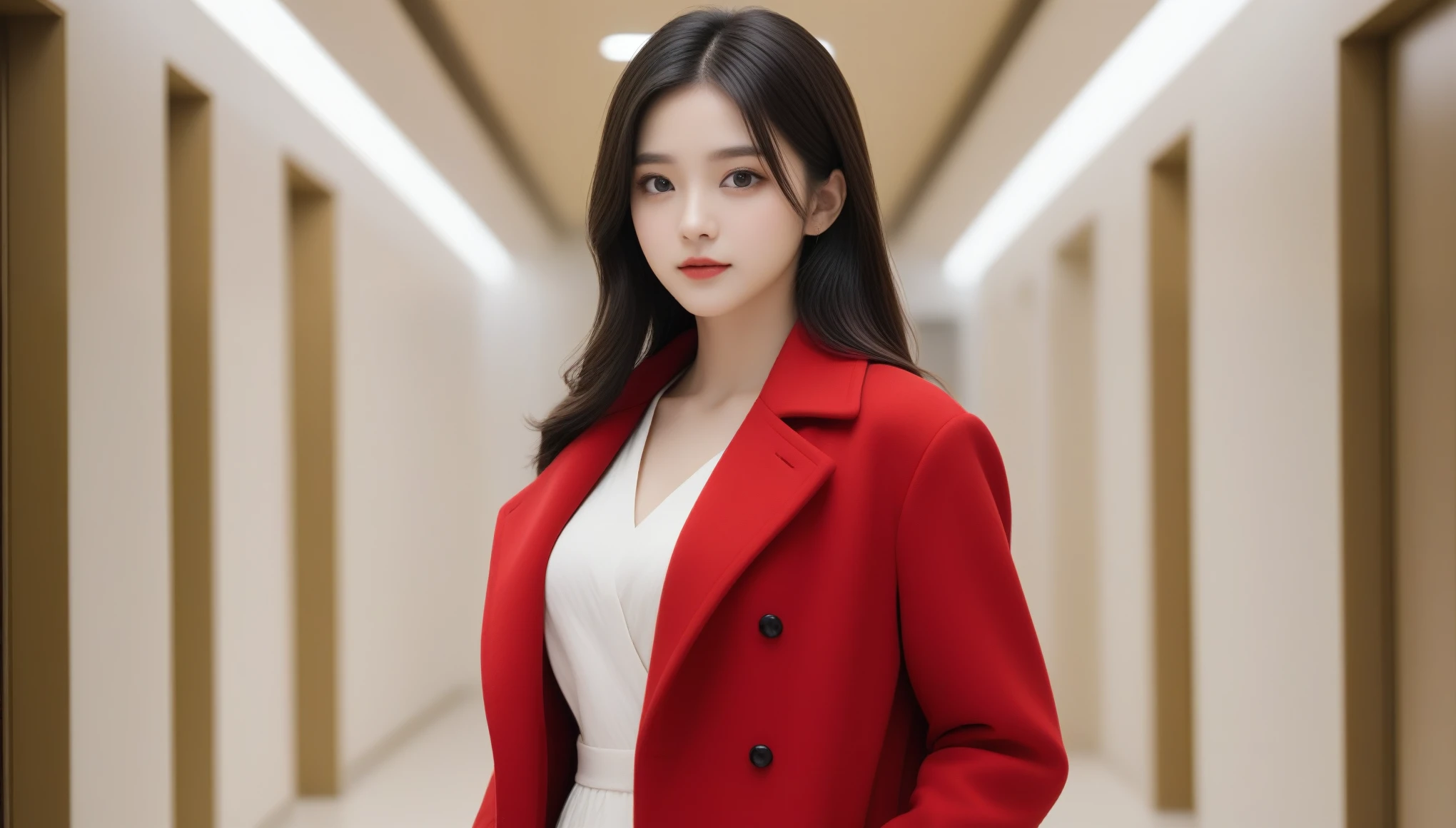 8k, Ultra-high resolution, highest quality, masterpiece, Surreal, photograph, 1 girl, (:1.3), pretty girl, Cute Face, Beautiful eyes in every detail, 細かくdetailedに,masterpiece,, One Girl:1.2, Japan Female Announcer, One beautiful woman, 謎めいたbeauty, A stunning face, Beautiful expression, (A vivid face), Beautiful Hairstyles, Black Hair, Realistic eyes, Beautiful details, (Realistic Skin), Beautiful skins, Get off the elevator. (red long wool coat), (White Dress ), (Red High Heels), background: (The elevator hall has walls made of flesh-colored marble.,Bold Pose,Looking at the audience、beauty,Long neck、Laugh a little、Please close your mouth and laugh、(((Ideal body type))),A cup small breasts :2,、Portraiture:2、Perfect Anatomy、鮮明なdetailed、detailed、Surreal、Light and shadow,Strong light,Fashion magazine cover,Thin lips