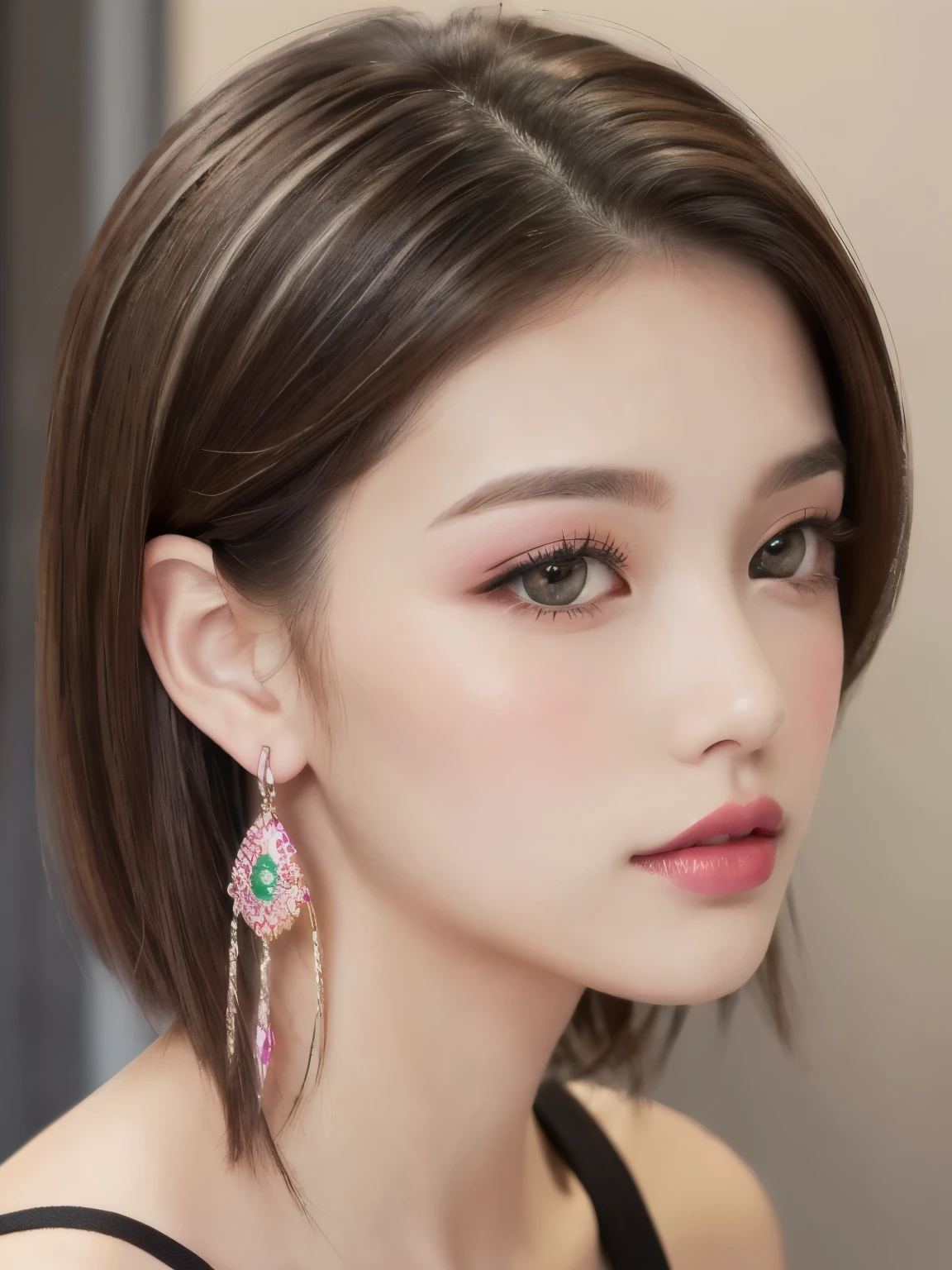 beautiful girl, Brown_eye, ((Beautiful and slim 18 year old girl, hair color [Brown highlights hair], [Undercut Pixie] hair)), Earrings, lips, Realistic, Tight waist, Charm, pink lipstick, Colorful Makeup, Long eyelashes, Earrings, Applying eyeliner, Fair skin, (cute), (Detailed face), detailed eye, Detailed Iris