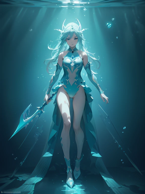 Design a layout showcase Gaming character, (1girl). Blue+Green clothes, aquatic and serene, ((showcase weapon:1.4)), trident, (masterpiece:1.2), (best quality), 4k, ultra-detailed, (Step by step design, layout art:1.5), (underwater lighting, oceanic atmosphere), sea warrior, ((aqua gloves)), (((revealing suit:1.3))), shell vambraces, water boots, (((full_body_shot:1.4)))
