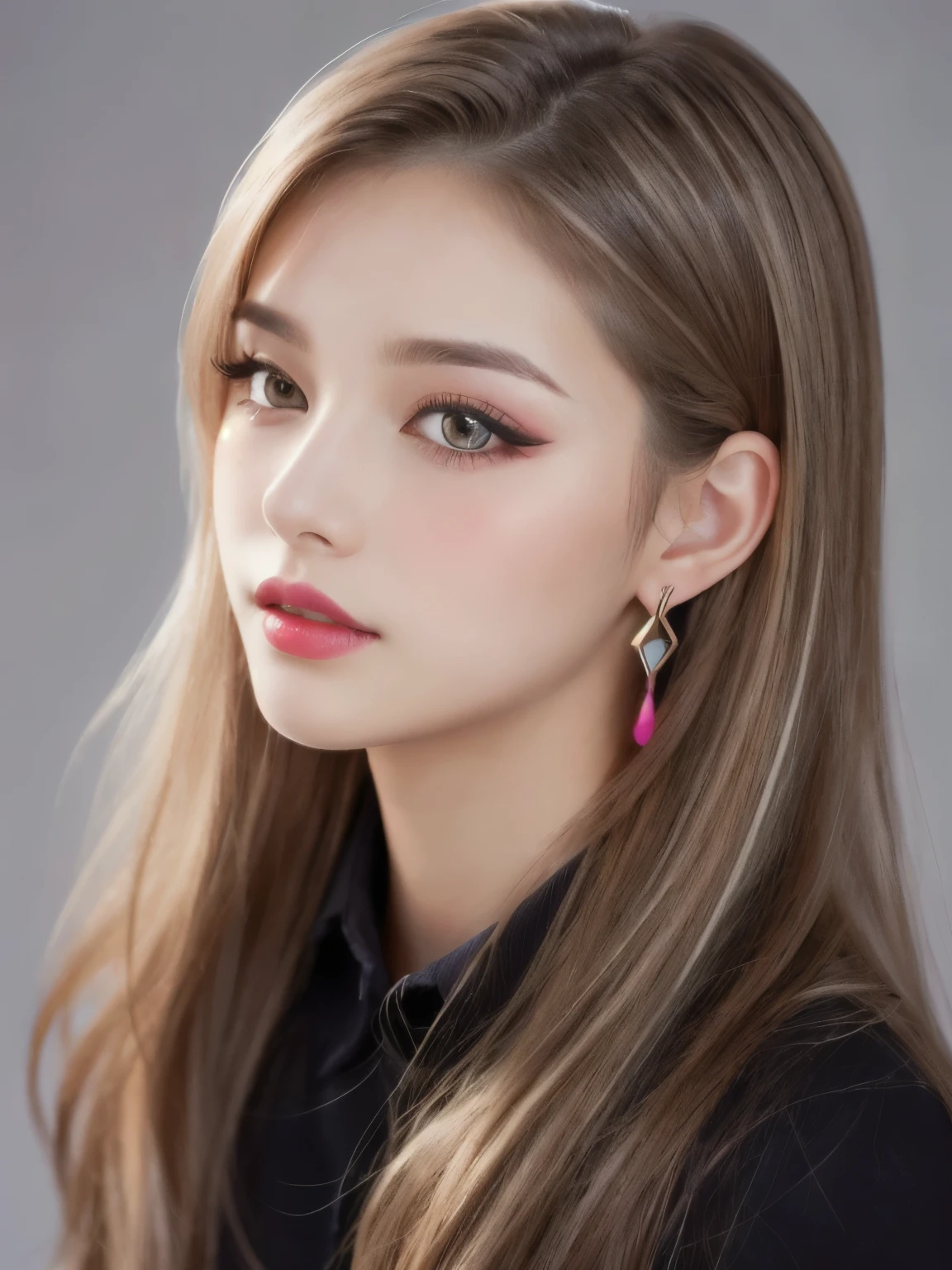 beautiful girl, Brown_eye, ((Beautiful and slim 18 year old girl, hair color [Brown highlights hair], [Undercut Pixie] hair)), Earrings, lips, Realistic, Tight waist, Charm, pink lipstick, Colorful Makeup, Long eyelashes, Earrings, Applying eyeliner, Fair skin, (cute), (Detailed face), detailed eye, Detailed Iris